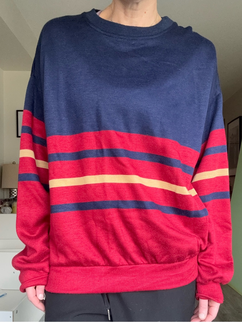 VTG 80s Gearing Up USA Striped Fleece Crewneck Sweatshirt XL Navy Burgundy Retro